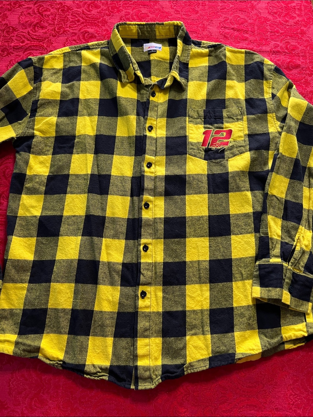 NASCAR Men’s Large Yellow Black Buffalo Plaid #12 Cotton Flannel Shirt